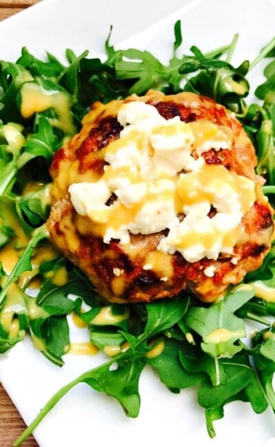 Simple and Delicious 21 Day Fix approved Turkey Burger with Warm Goat Cheese and a Citrus Maple Dijon Dressing! Delish!