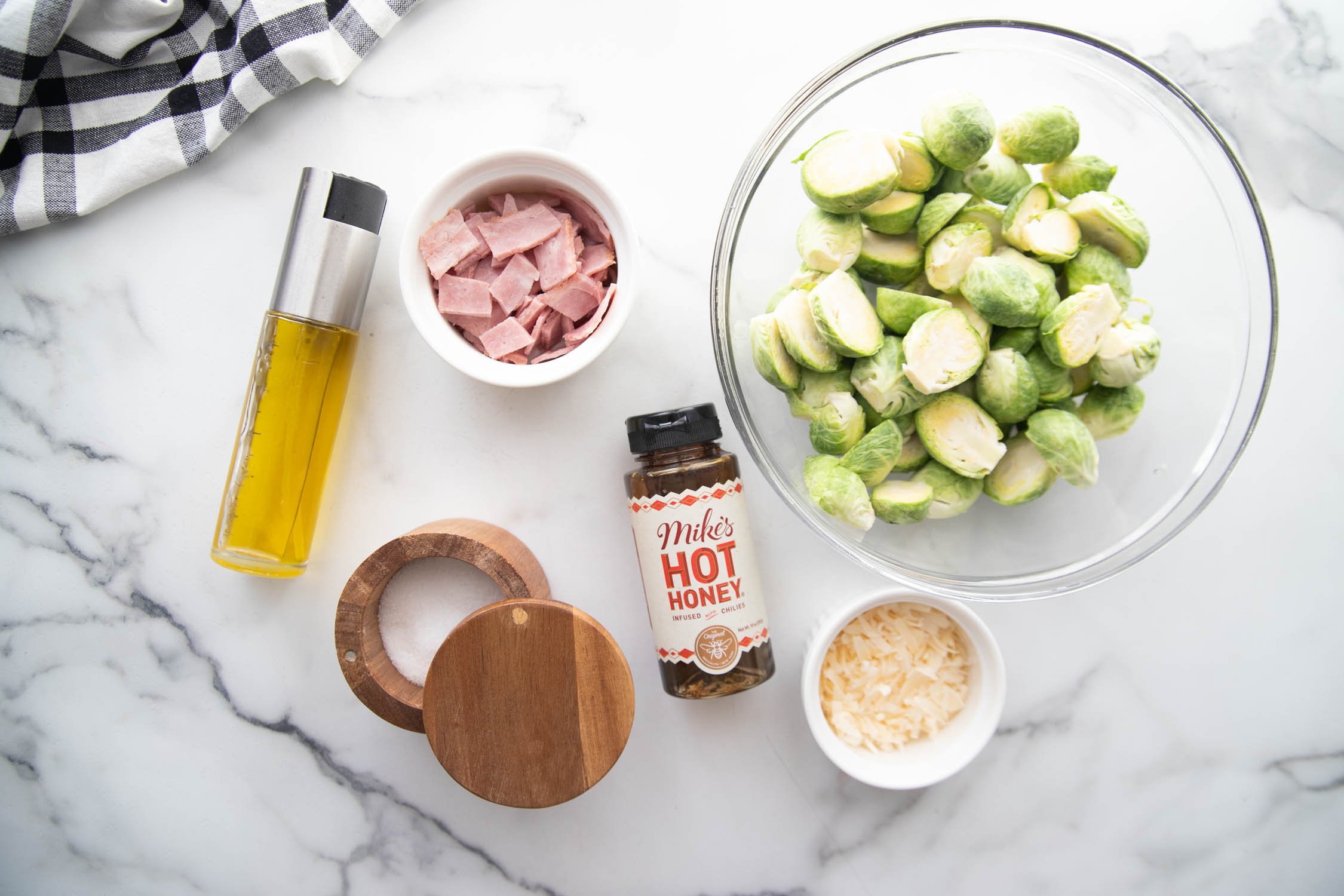 Ingredient flatlay Air Fryer Brussels Sprouts.