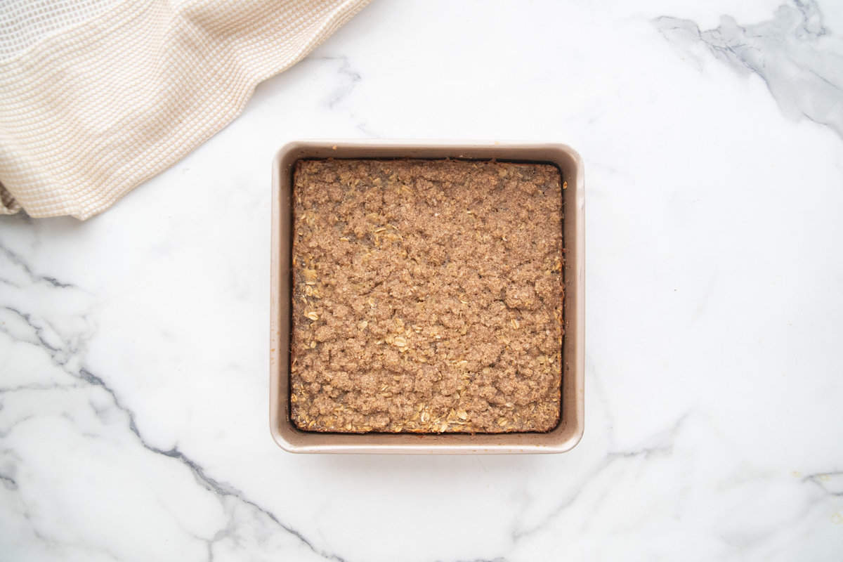 Coffee cake baked oatmeal in an 8x8 pan.