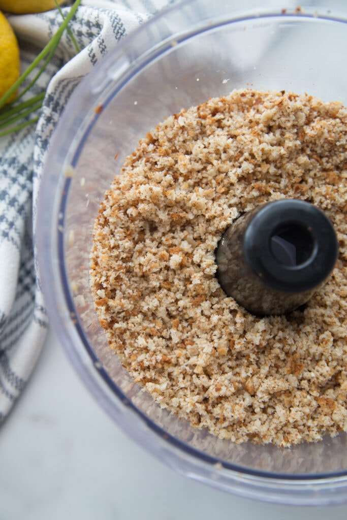 Homemade breadcrumbs in a food processor