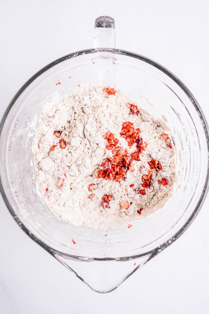 Overhead shot of dry ingredients for healthy orange cranberry muffins