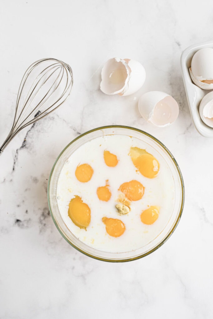 A bowl of eggs and almond milk