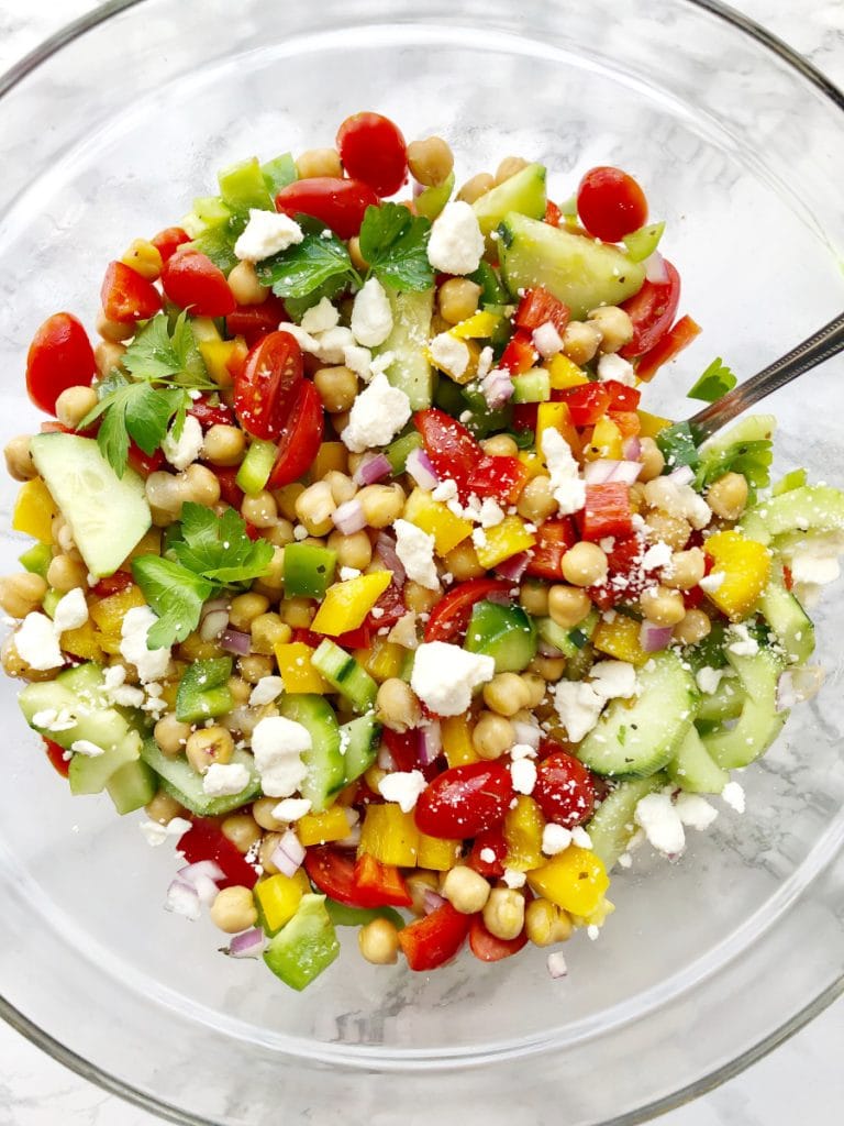 An overhead shot of Weight Watchers Mediterranean Chickpea Salad