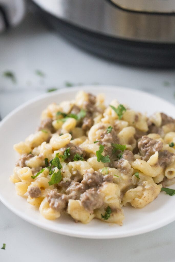 High angle of a white plate of healthy, homemade, gluten free hamburger helper garnished with parsley.