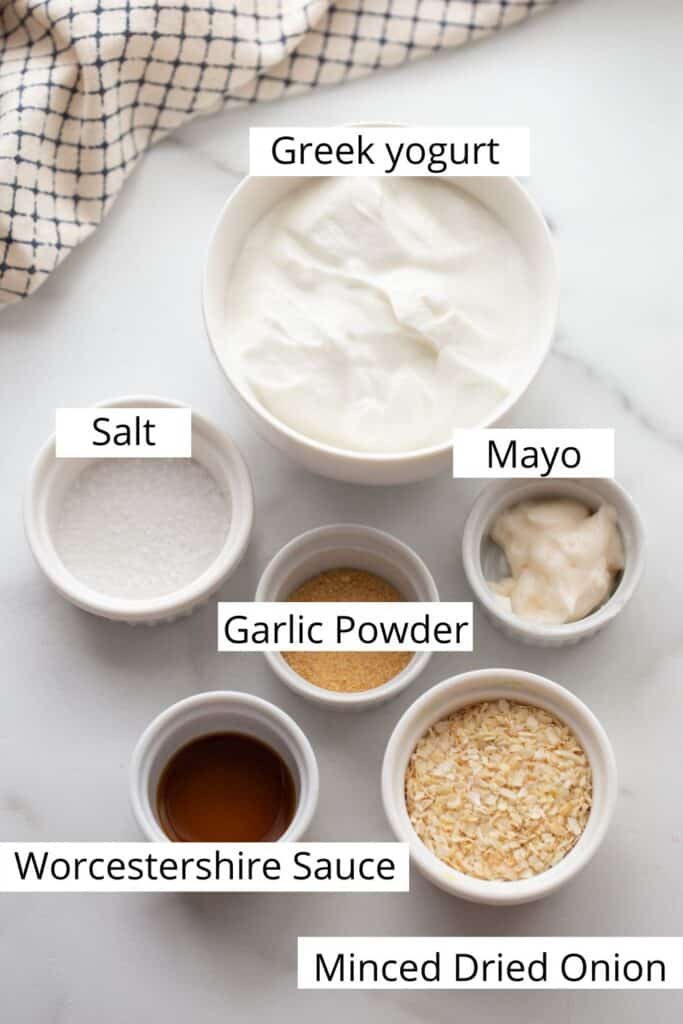 Ingredients for homemade Greek Yogurt French Onion Dip 