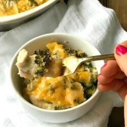 Small bowl of cheesy chicken and broccoli casserole