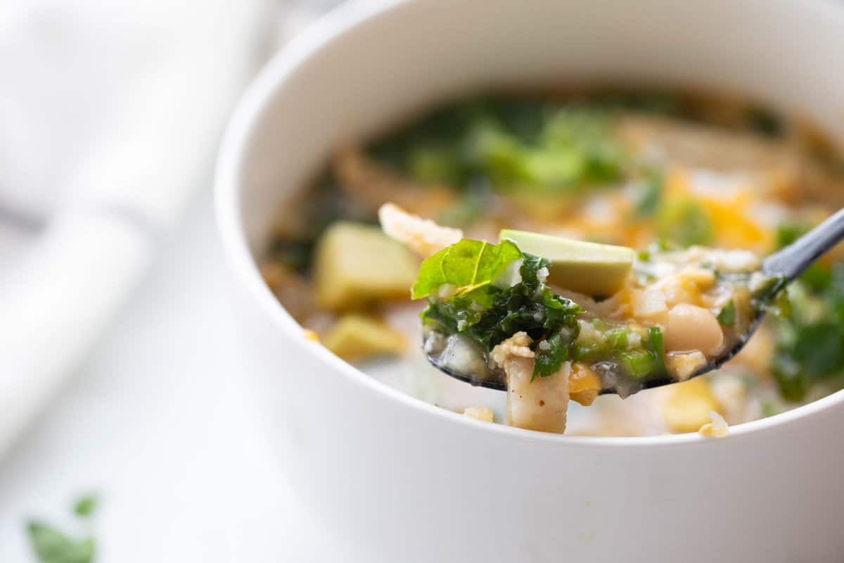 Close up of Salsa Verde Chicken Soup on a spoon.