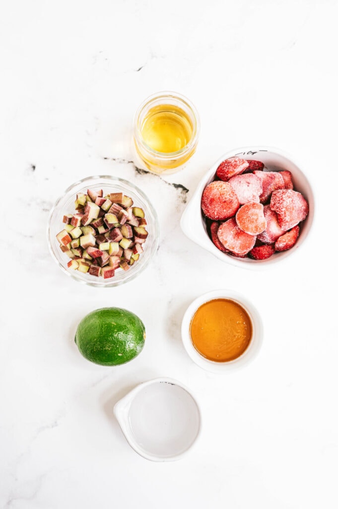 The ingredients for Frozen Strawberry Rhubarb Margaritas