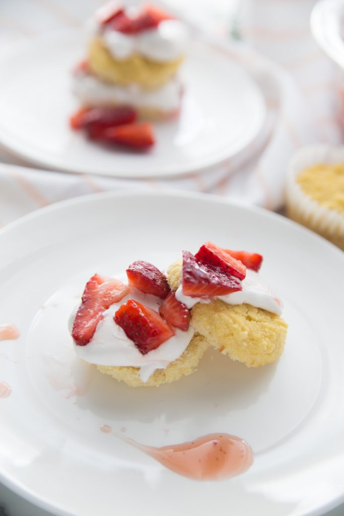 Individual strawberry shortcakes on a white plate 
