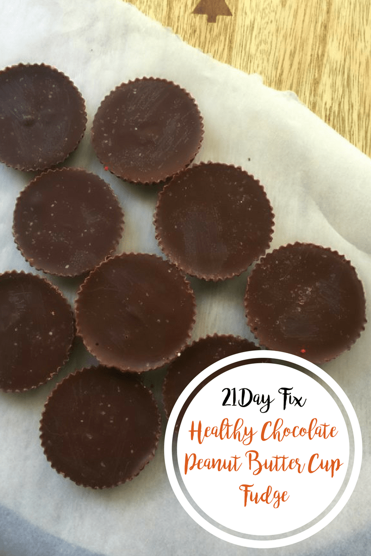 "Healthy Chocolate Peanut Butter Cup Fudge" text in a white circle on an overhead photo of circular pieces of fudge on parchment.